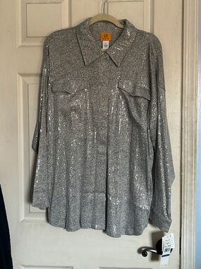 NWT Ruby Rd. Sequin charcoal heather snap button down shirt size XL